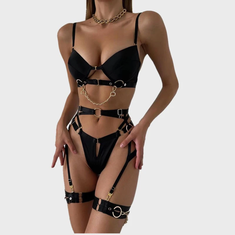 

Fine Lingerie Sexy Fancy Underwear 4-Piece Delicate Luxury Erotic Sets With Chain Bra And Panty Set Garters Intimate