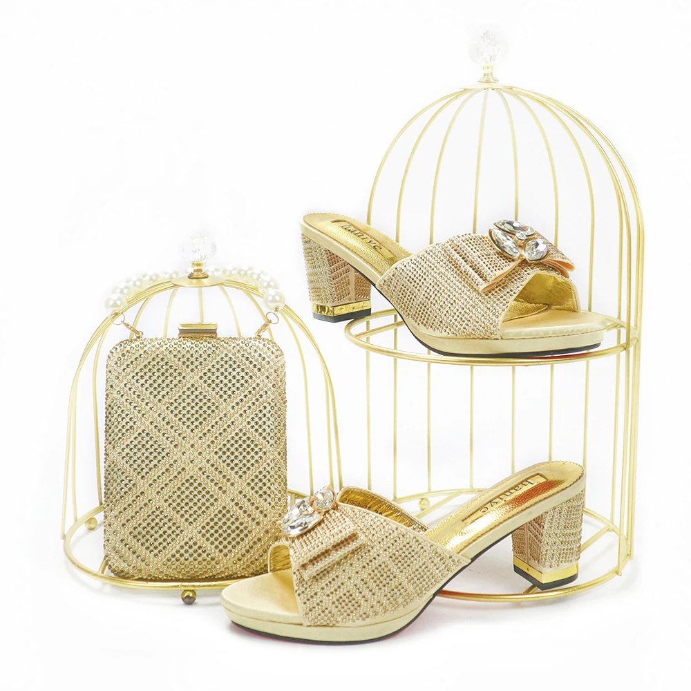 

Italian Design Paisley Pattern Golden Color Women's Shoes and Bags Matching Party Fashion and Comfortable Middle Heel Shoes