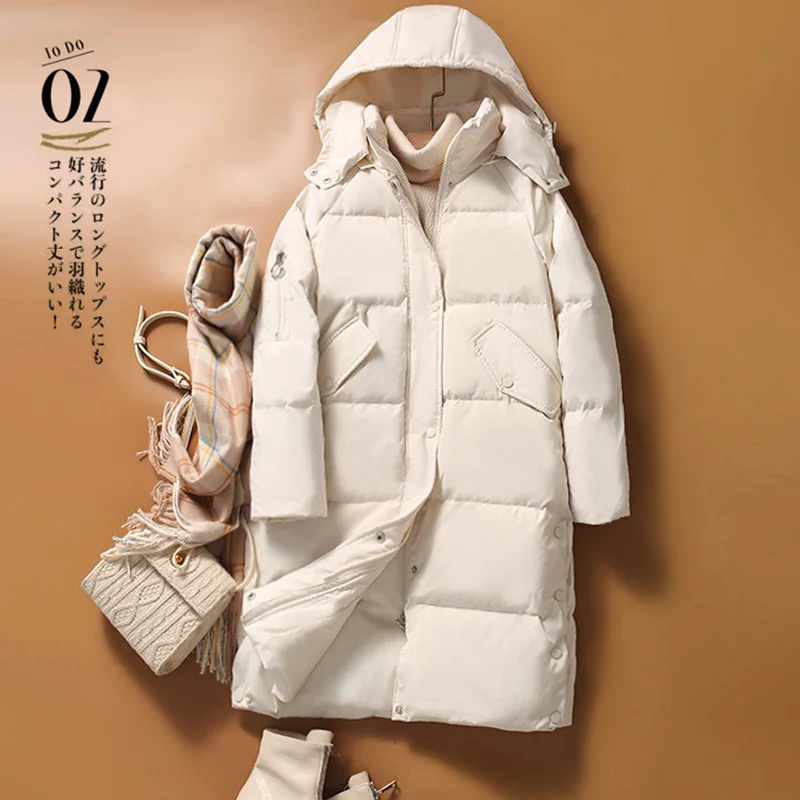 2022 Winter New Quality White Duck Down Jacket Women's Mid-Length Hooded Coat Thickened Loose Warm Temperament Parkas Female