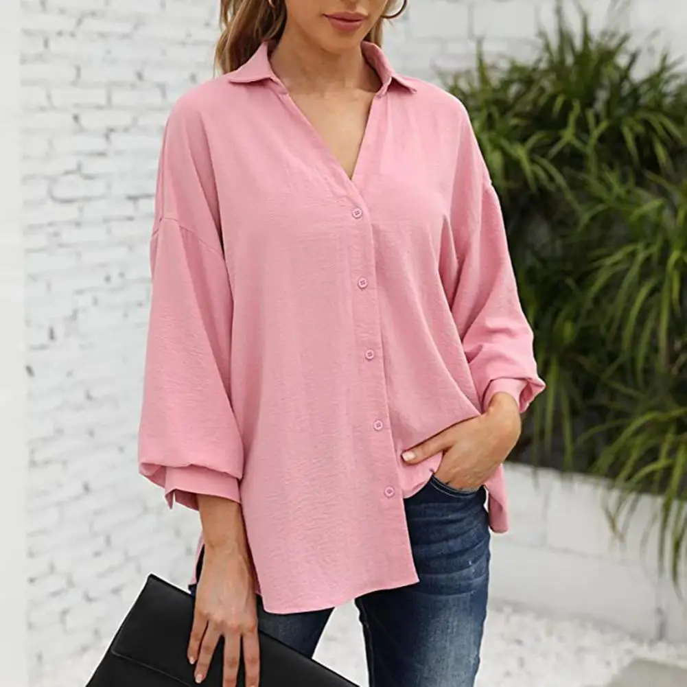 

Women Shirt Turn-down Collar Breathable Super Soft Single-breasted Lantern Sleeve Solid Color Chiffon Casual Blouse Streetwear