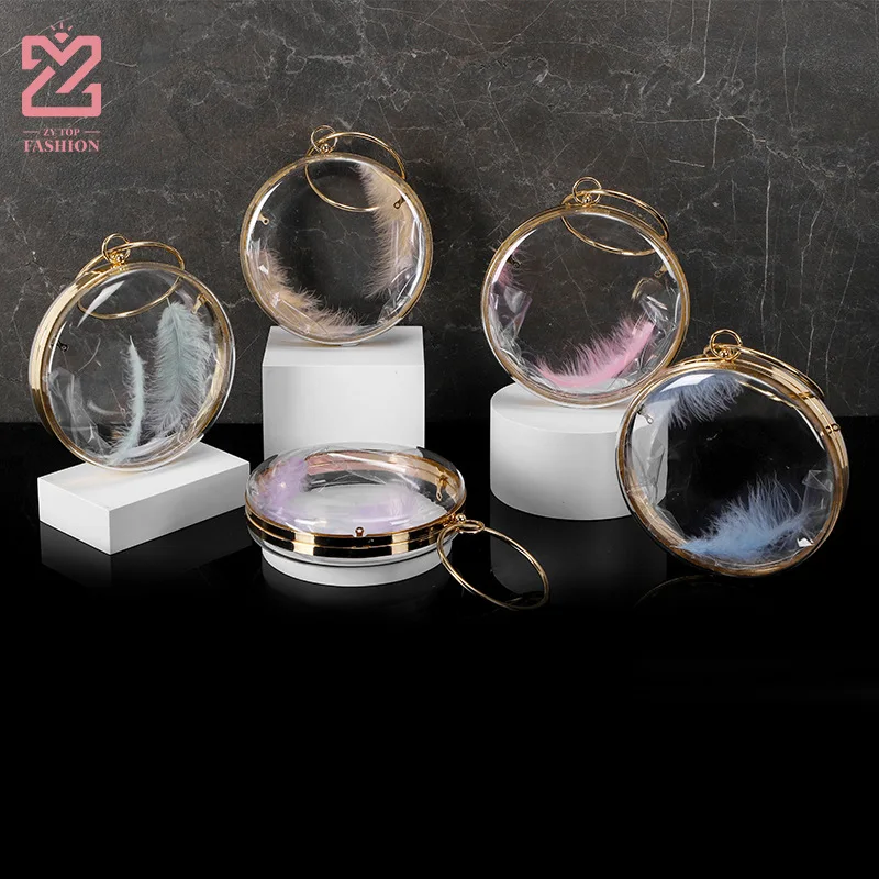 

Mini Transparent Women Totes Bag Fashion Circular Acrylic Feathers Wedding Evening bag metal Ring handbag Chain Crossbody Bag