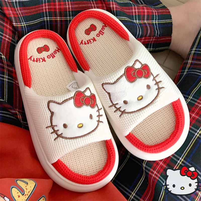 

Sanrio Hello Kitty Kuromi Cinnamoroll My Melody Slippers Cute Anime Embroidery Flax Home Four Seasons Cartoon Shoes Girl Gift