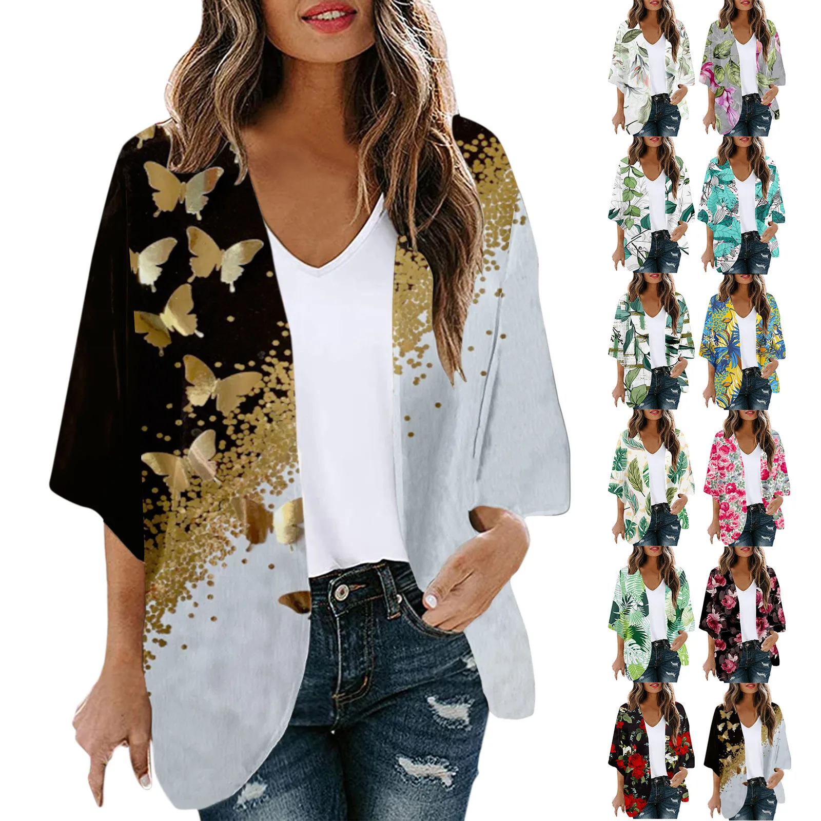 

Sweater Womens Floral Kimono Cardigan Chiffon Casual Loose Cardigan Front Hoodie Sweater Leopard Cardigan