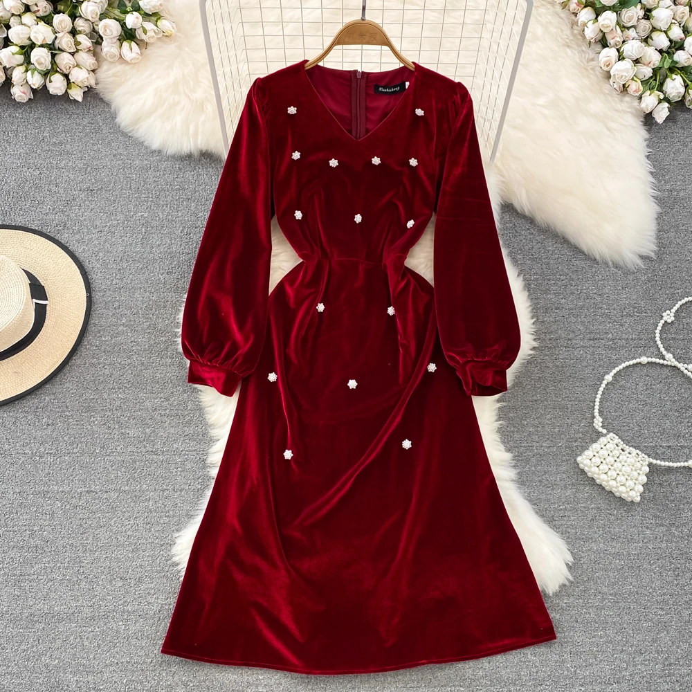 

Французский светильник, роскошное женское темпераментное платье из бисера с v-образным вырезом и длинными рукавами, приталенное бархатное ...