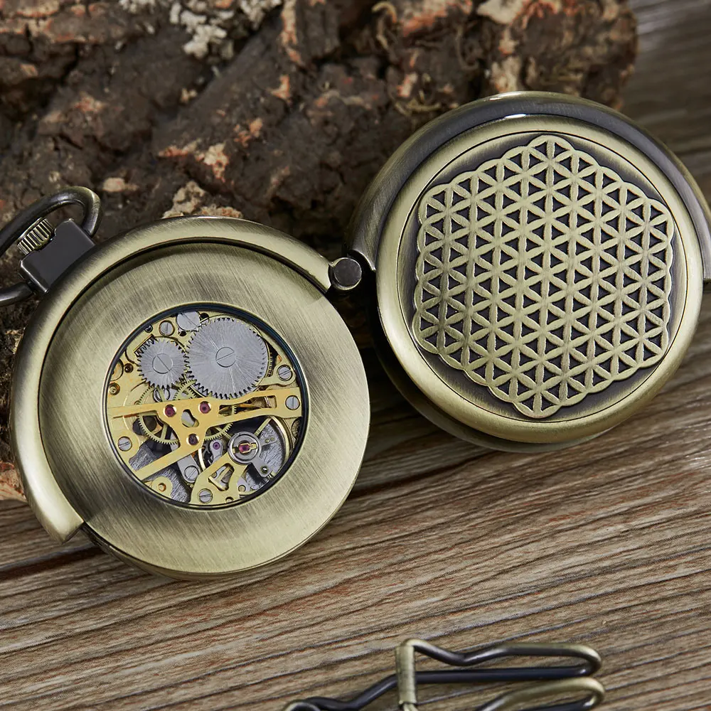 Antique Retro Hollow Cover Double Turntable Capping Hand-Winding Mechanical Pocket Fob Watch Men Steampunk Bronze Chain