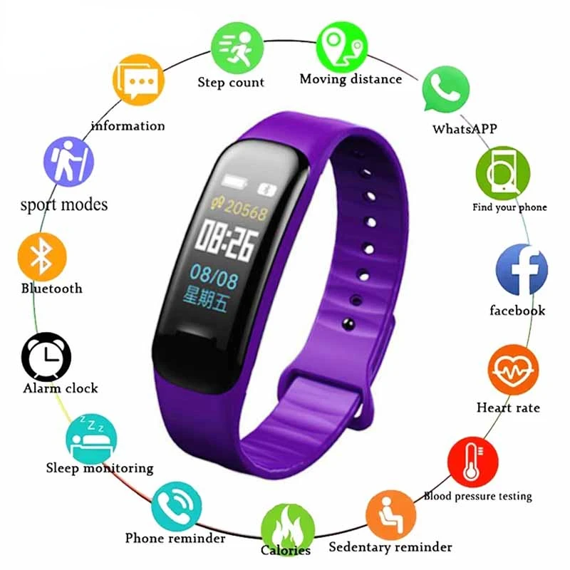 

C1plus Smart Watch Color Screen Sports Bracelet Pedometer Heart Rate Blood Pressure Measurement Men's Women's Bracelet