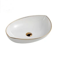new designs european thin oval gold line white sanitary hotel table top ceramic hand wash art basin bathroom vessel sink