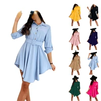 2022 spring new womens fashion casual roll sleeve waist shirt long sleeved solid color dress