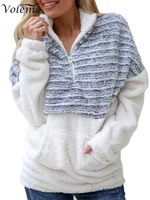 volemo autumn winter women teddy hoodie long sleeve sweatshirt panel top femme warm outwear faux fur plush hoodie sweater jacket