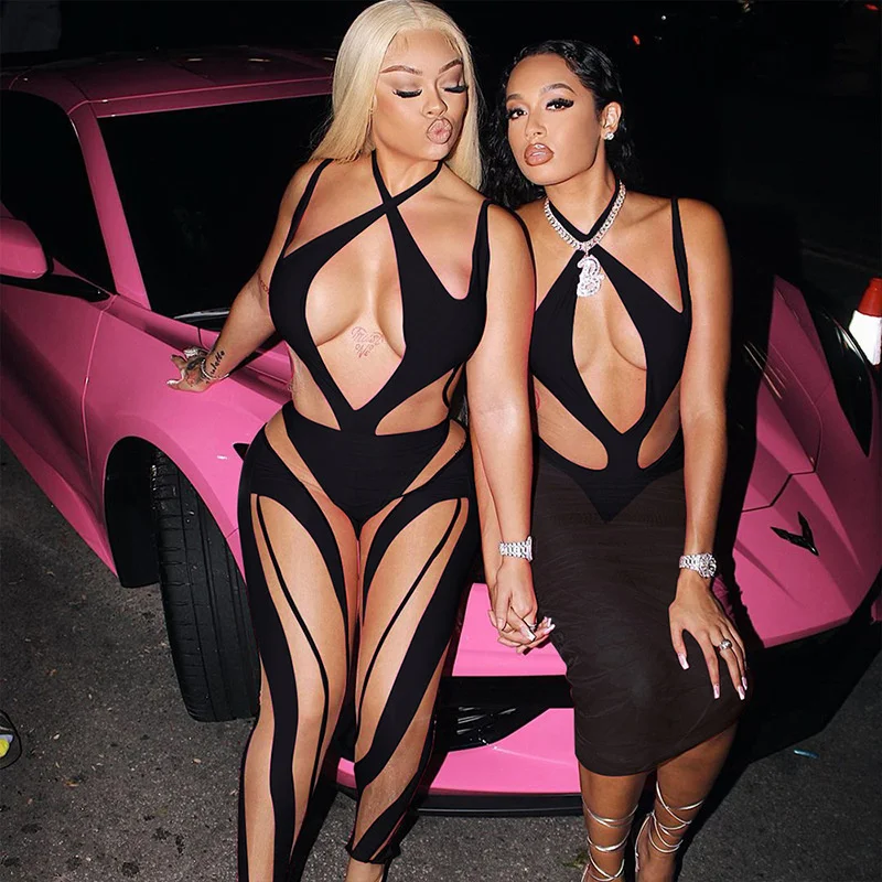 

Women Sexy Mesh Perspective Stitching Jumpsuit Tight Sleeveless One-piece Overalls Striped Printed Club Party Romper Jumpsuits