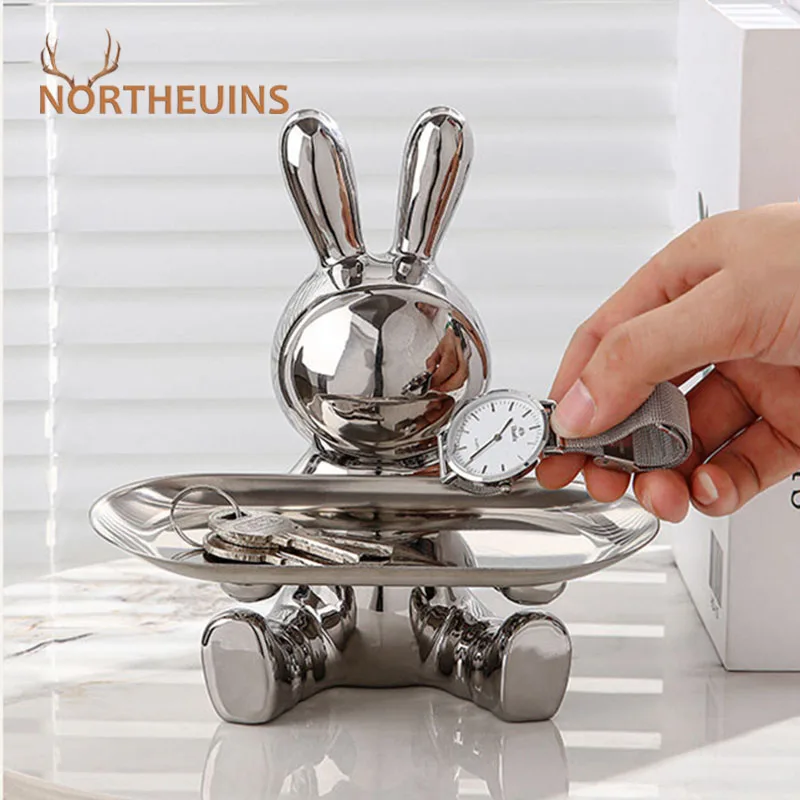 

NORTHEUINS Resin Electroplated Astronaut Rabbit Tray Figurines for Interior Home Office Desktop Storage Container Decor Objects