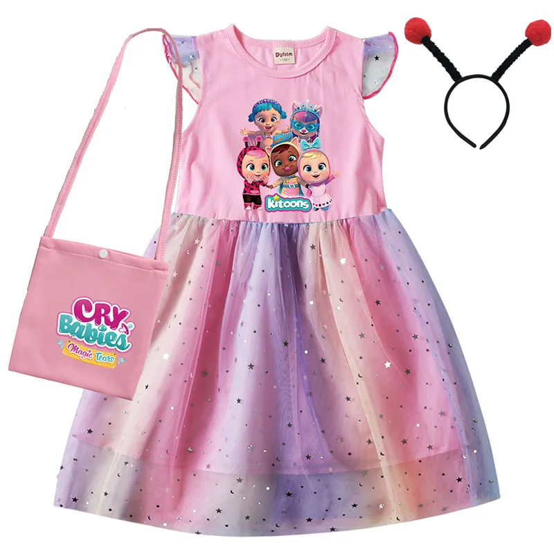 

Cry Babies Magic Tears Girls Summer Kitoons Dress Baby Cosplay Princess Robe Toddler Birthday Party Dresses with Bag Headwear