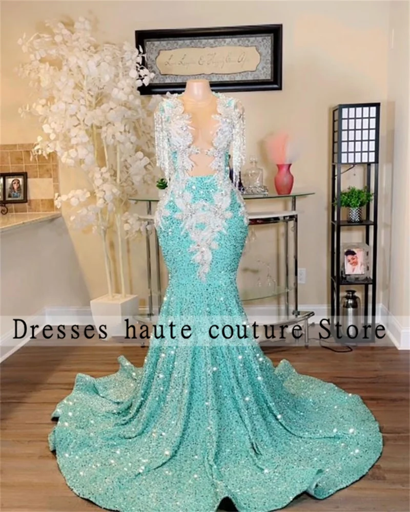 Glitter Velvet Sequins Mermaid Prom Dresses Sexy Illusion 2023 For Black Girls Beaded Crystal Tassel Party Gowns Robe De Bal