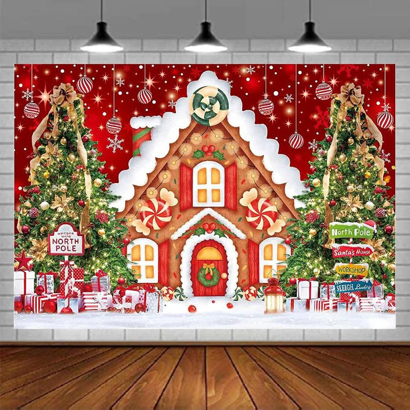 

Christmas Gingerbread House Photography Backdrop For Winter Merry Xmas Tree Background Santa Baby Shower Birthday Party Decor