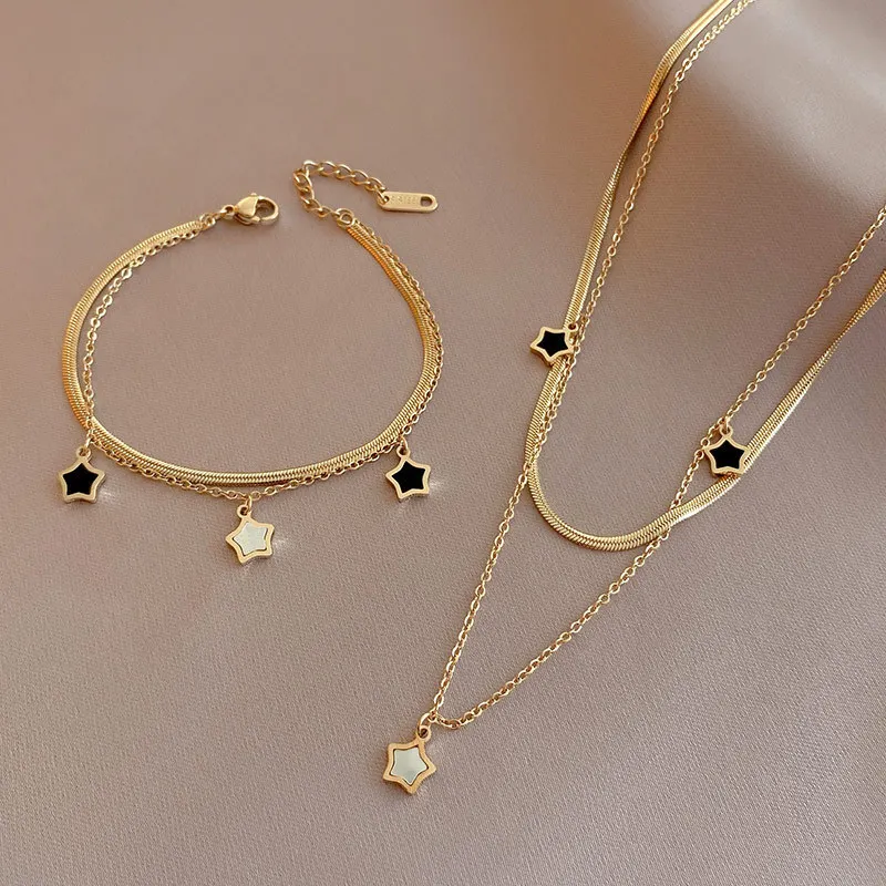Five-pointed Star Shell Necklace Bracelet Wemen Luxury Senior Sense Ins Niche Simple Double Clavicle Chain Bracelets Jewelry Set