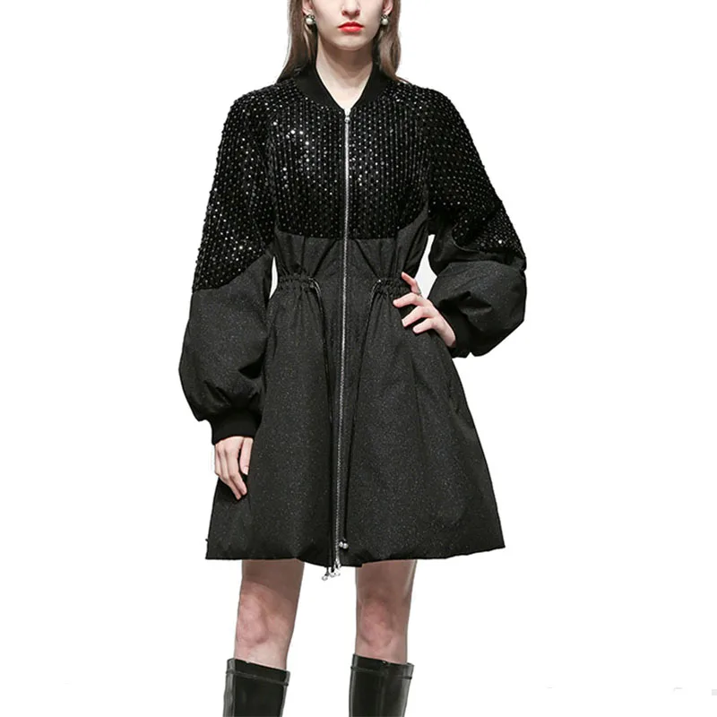 Casual Sequins Fight To Receive Waist Thinner Mid-length Down Jacket Long-sleeved Jacket Women 2021 Winter New Women's Fashion