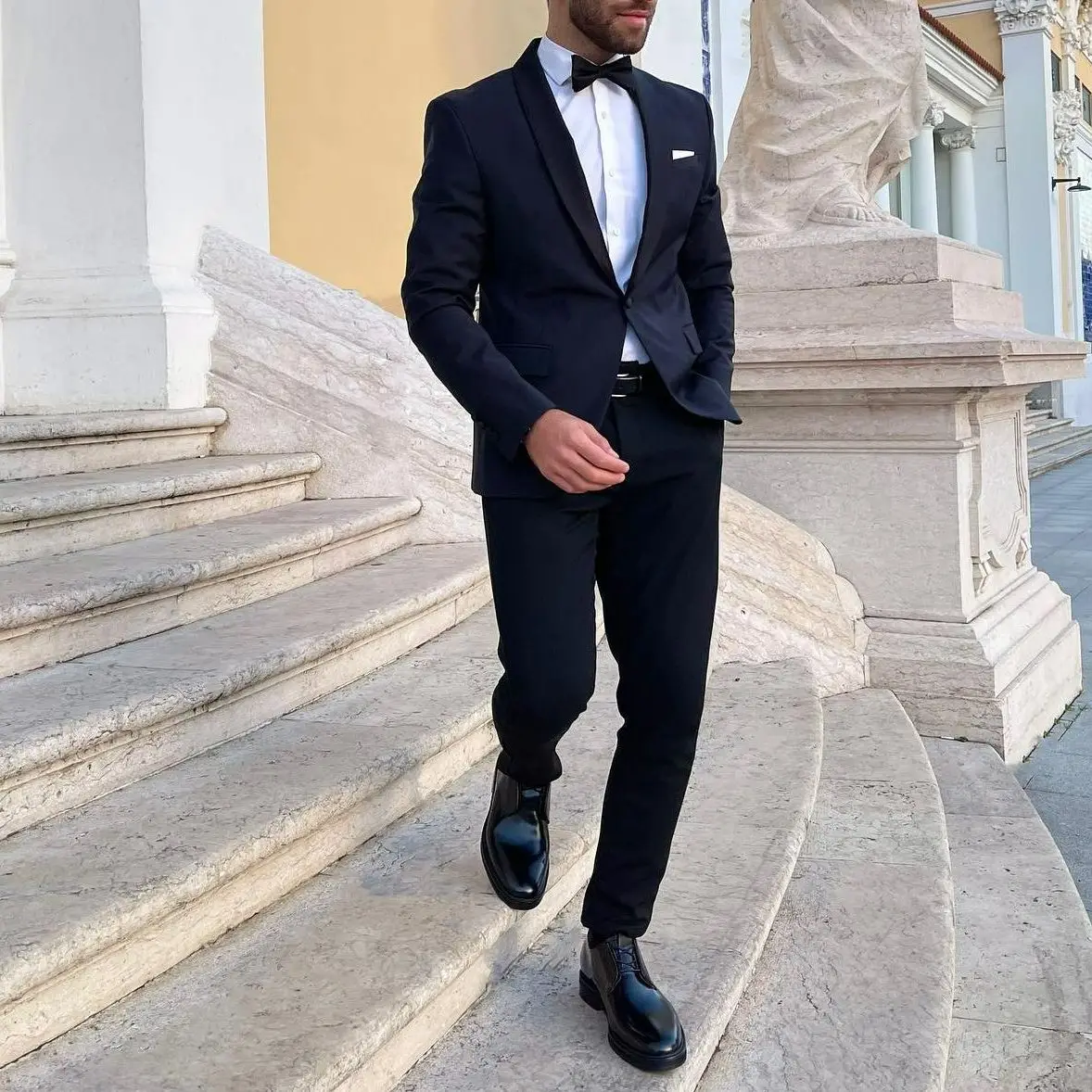 

Мужские костюмы темно-синего цвета с воротником-шалью, приталенные модные официальные мужские смокинги на одной пуговице, повседневный кос...