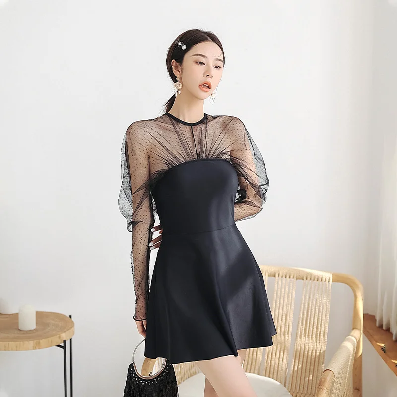 

Women Swimsuit One-pieces Dress Beach Vacation Bathing Suits Korean Style Conservative Long-sleeved Sunscreen Swimwear