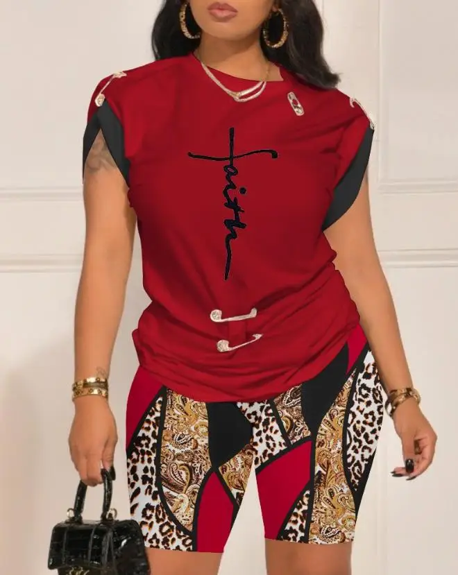 

Faith Geometric Leopard Print Top & Shorts Set European & American Fashion Women's Clothing Casual Short Sleeve Two Piece Set