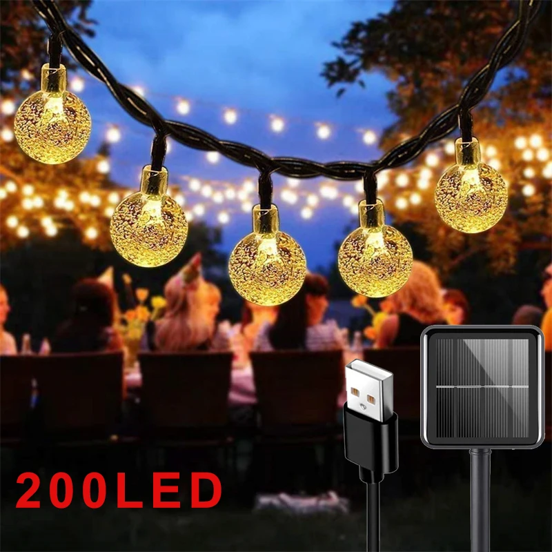 New Super Long Solar/USB String Lights Outdoor 200 LED Crystal Globe Lights 8 Modes Waterproof for Garden Home Party Christmas