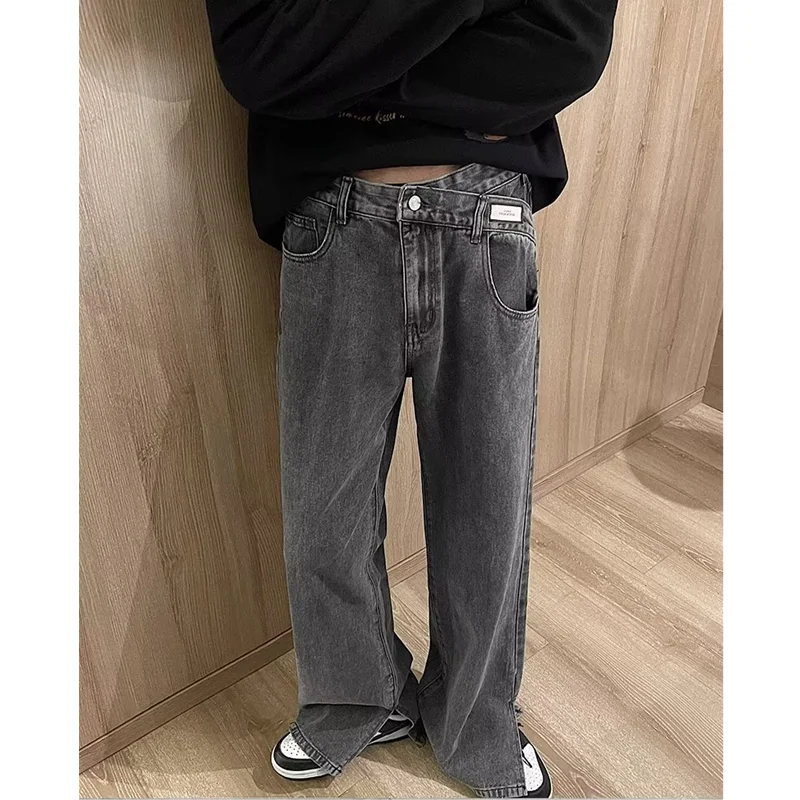 

Men's Wear 2023 Spring New Irregular Recreational Split Jeans Sense of Design Vintage Grey Temperament Straight Pants Female