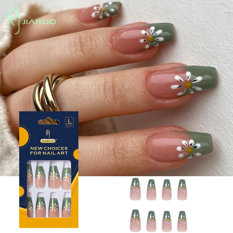 

JIARUO 24PCS/BOX Short Coffin Press on Nails False Nail Art Y2k Pastoral Serie Green Fingertip French Floret Nail Tablet Product