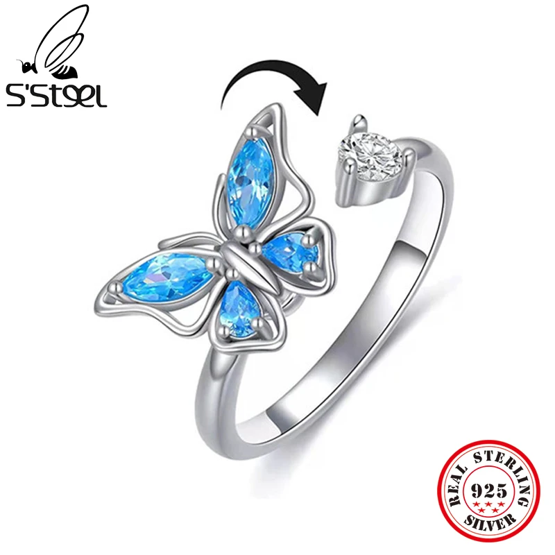 

S'STEEL Sterling Silver 925 Butterfly Anxiety Rings Woman Gift Matching Wedding Zircon Ring 2022 Trend Accessories Fine Jewelry