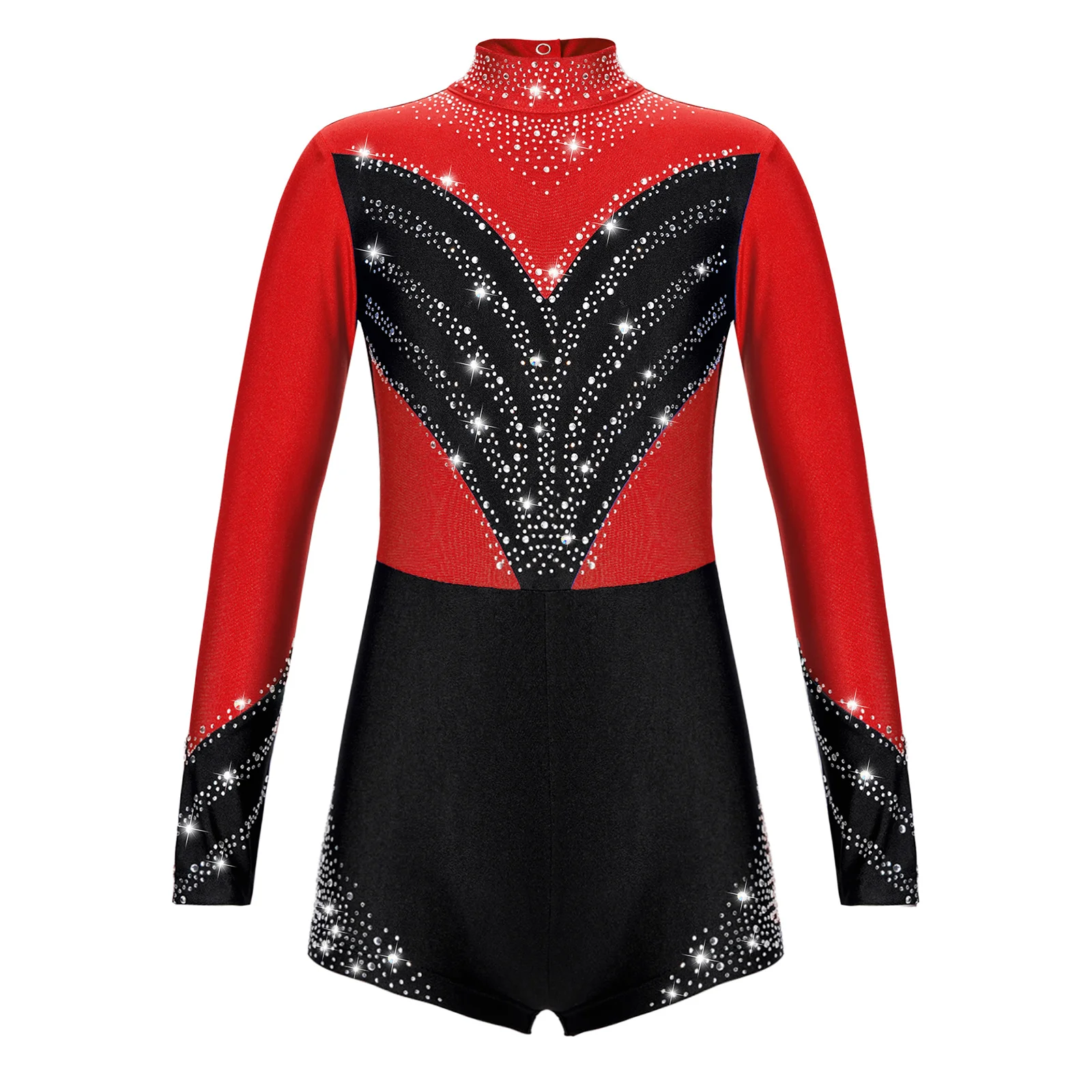 

Kids Girls Stylish Long Sleeve Dance Wear Stand Collar Shiny Diamond Decorated Contrast Color Hollow Back Jumpsuit for Gymnastic