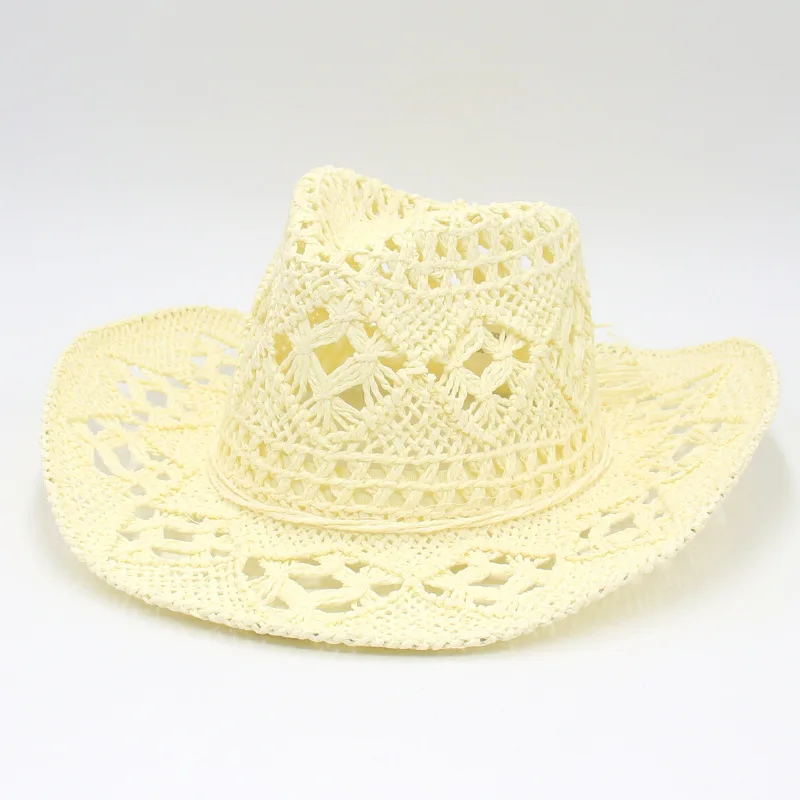 

Hollow Out Unisex Shading Outdoor Wide Brim Cowboy Straw Hat Solid Color Fashion Sun Protection Beach Hat Summer Cap