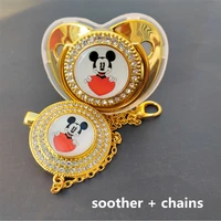 disney gold bling pacifier and double circle rhinestones holder chains mickey mouse print chupeteors for babies boys girls gifts