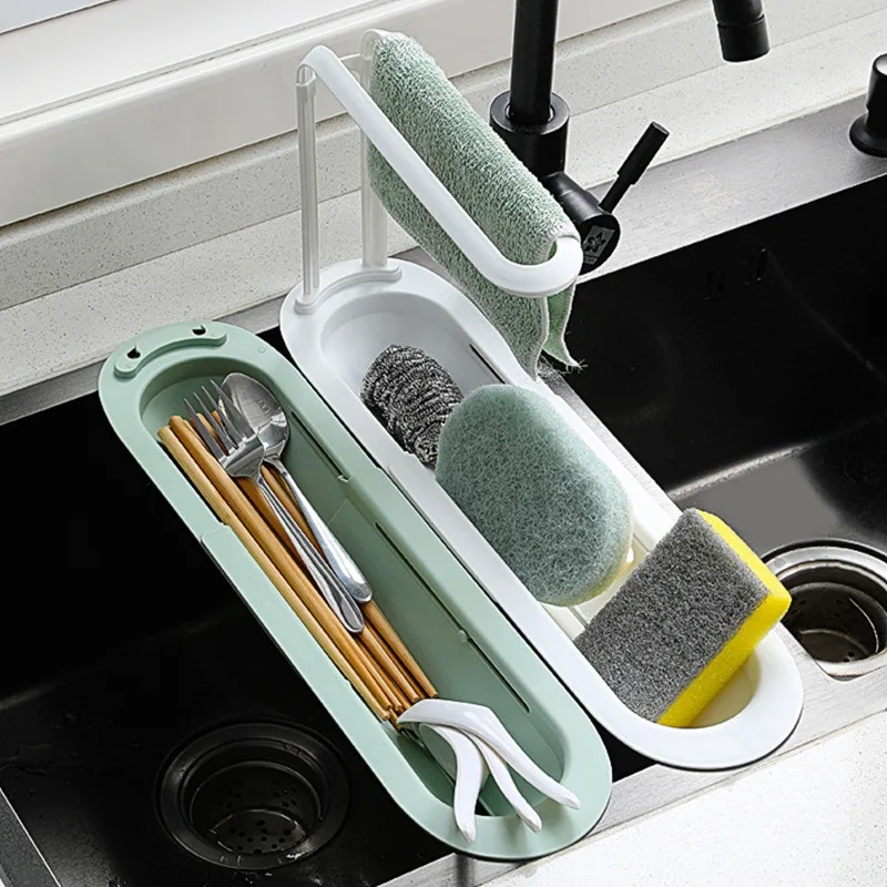 

Kitchen Telescopic Sink Shelf Drainer Rack Kitchen Organizer Soap Sponge Holder Towel Rack Storage Basket Kitchen...