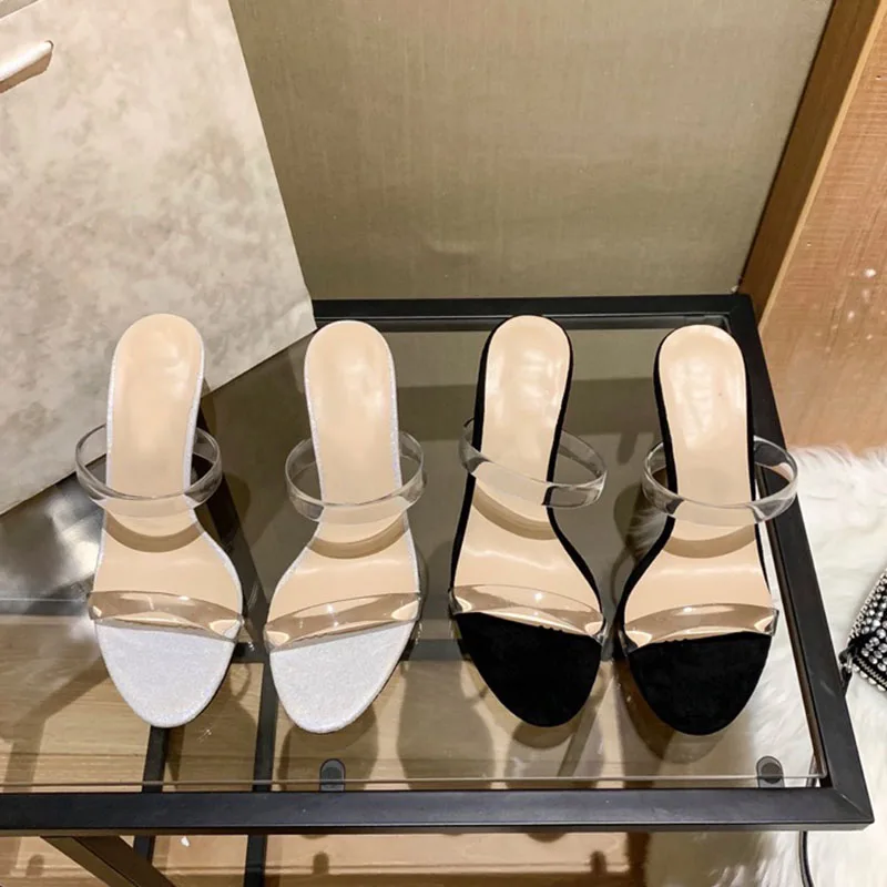 

2023 Summer New Network Red Same Round Toe Colored Open Toe Transparent Belt Thin Heel High Heel Back Air Sandals for Women
