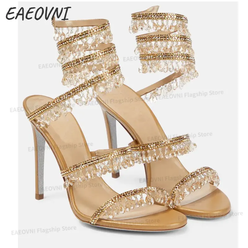 2023 EAEOVNI  Women's New Rhinestone Sandals Fashion Tassel Crystal Shoes Sexy Banquet Party Twining Stiletto Women's Sandals