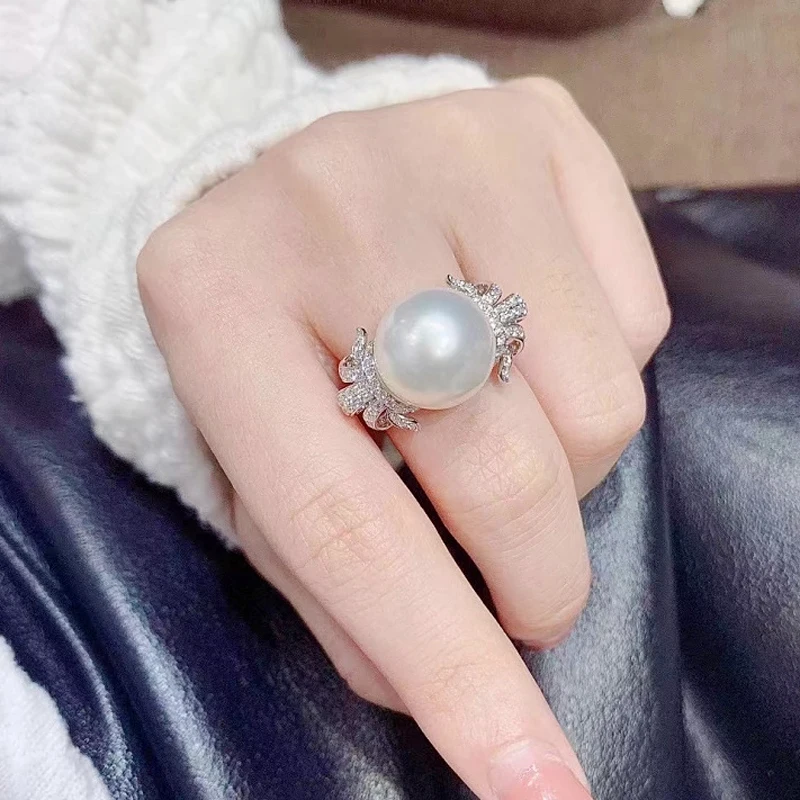 

MeiBaPJ 11-12mm Big Natural White Semiround Pearl Fashion Ring 925 Silver Fine Wedding Jewelry for Women Empty Tray