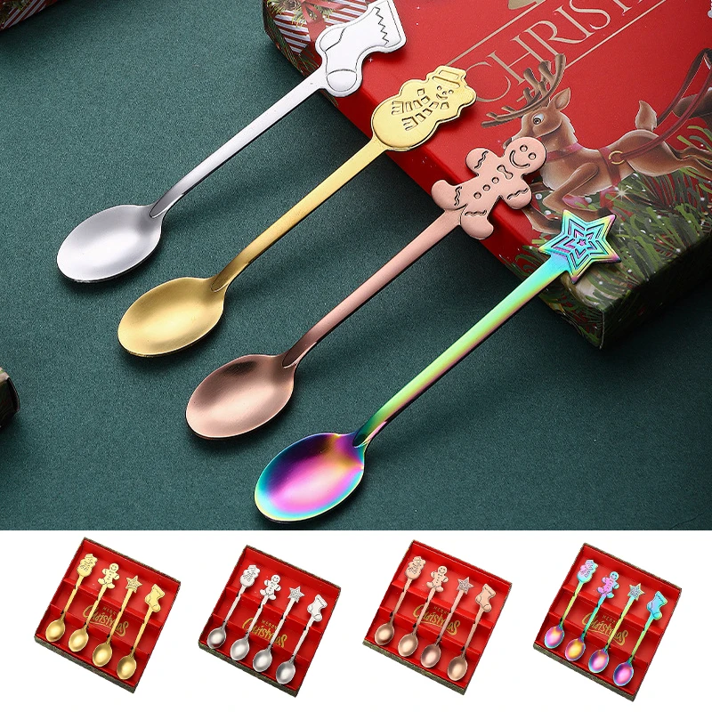 

4pcs/set Stainless Steel Spoon Dessert Spoon Christmas Spoon Gift Box Set Stainless Steel Spoon Tableware Cute Creative Cartoon