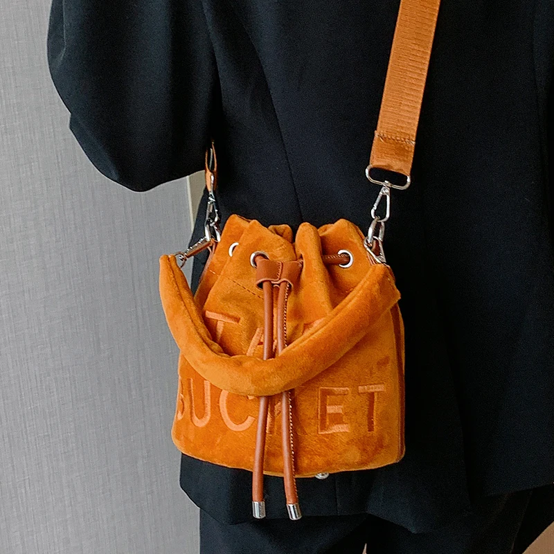 Female Brown Shoulder Bag Quality Velvet Small Ladies Drawstring Handbag Chic Original Letter Print Women Bucket Crossbody Bags