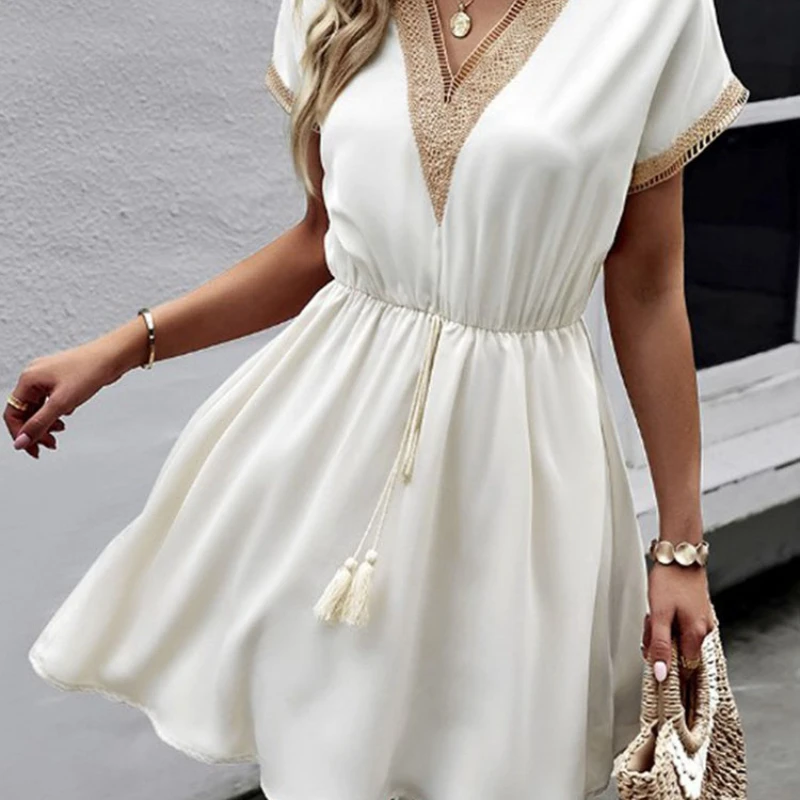 

Women Vintage Mini Dresses 2023 Summer Fashion Solid V Neck Loose Lace Up Dress Female Casual Short Sleeve Beach Dress Vestidos