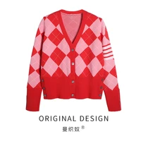 tb cardigan knitted jacket womens spring and autumn new tops niche college style christmas red rhombus sweater