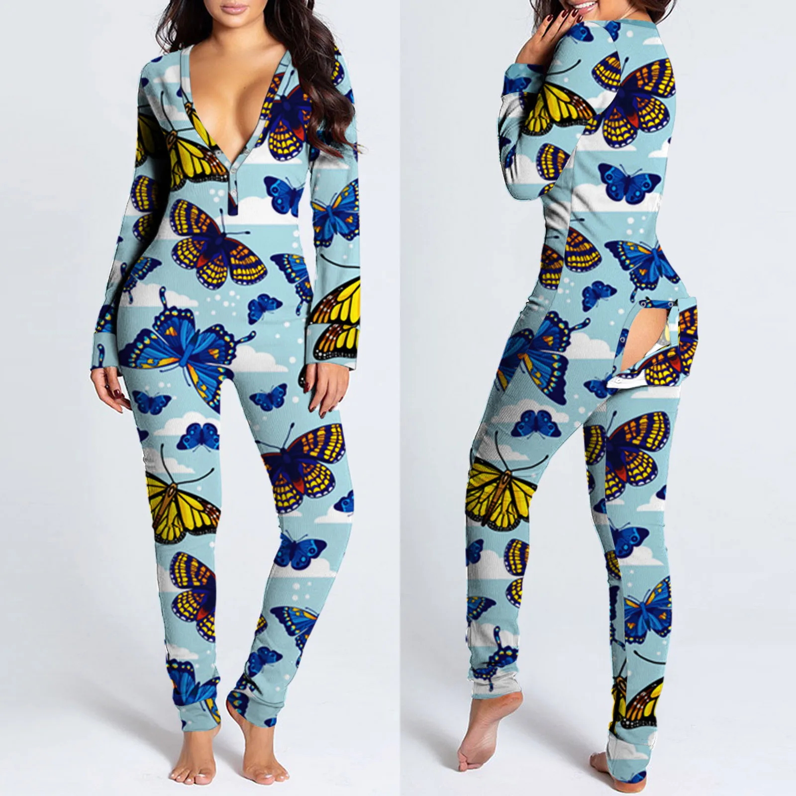 

Sexy Women Long Jumpsuits Rompers Butterfly Print Butt Buttoned Flap Bodysuit Sleepwear Long Sleeve Playsuit Home Wear Pajamas