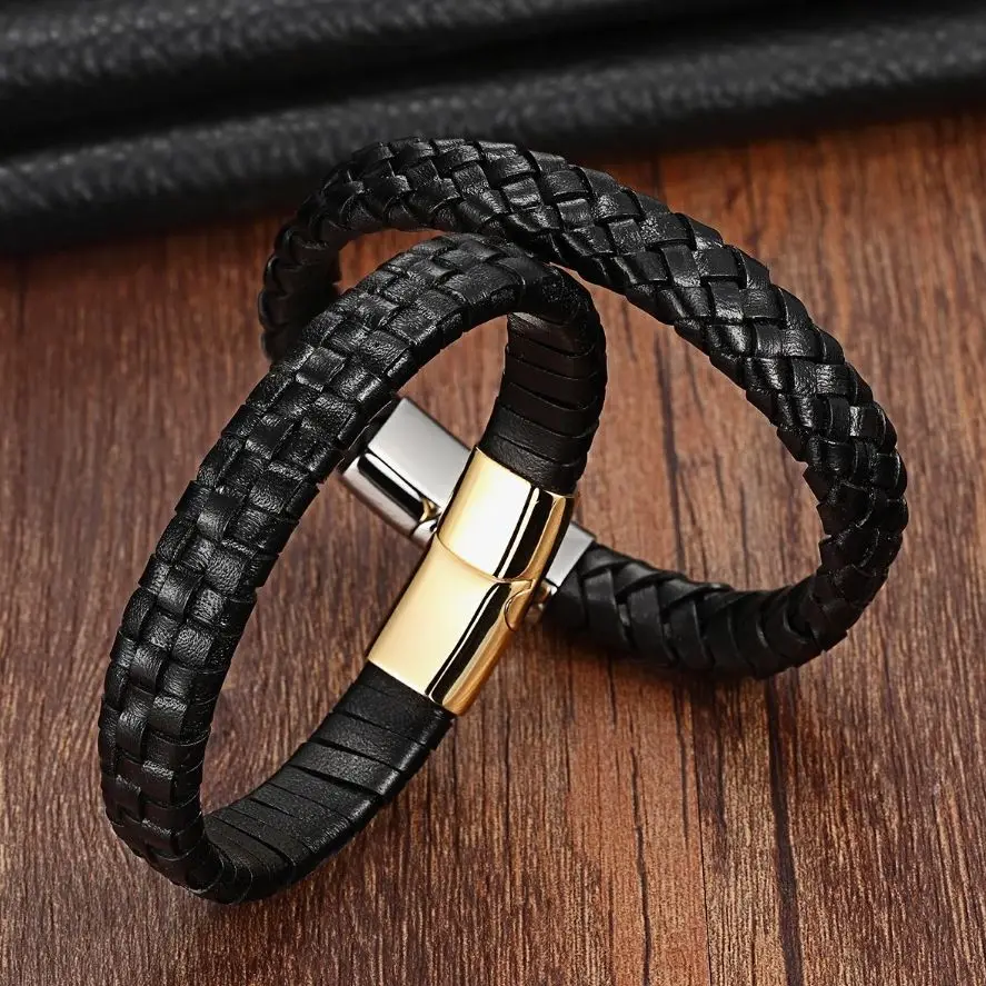 

XQNI Stainless Steel Black Leather Bracelet For Men Stripe/Box Chain Color Choose Fashion Bangles Jewelry Birthday Party Gift
