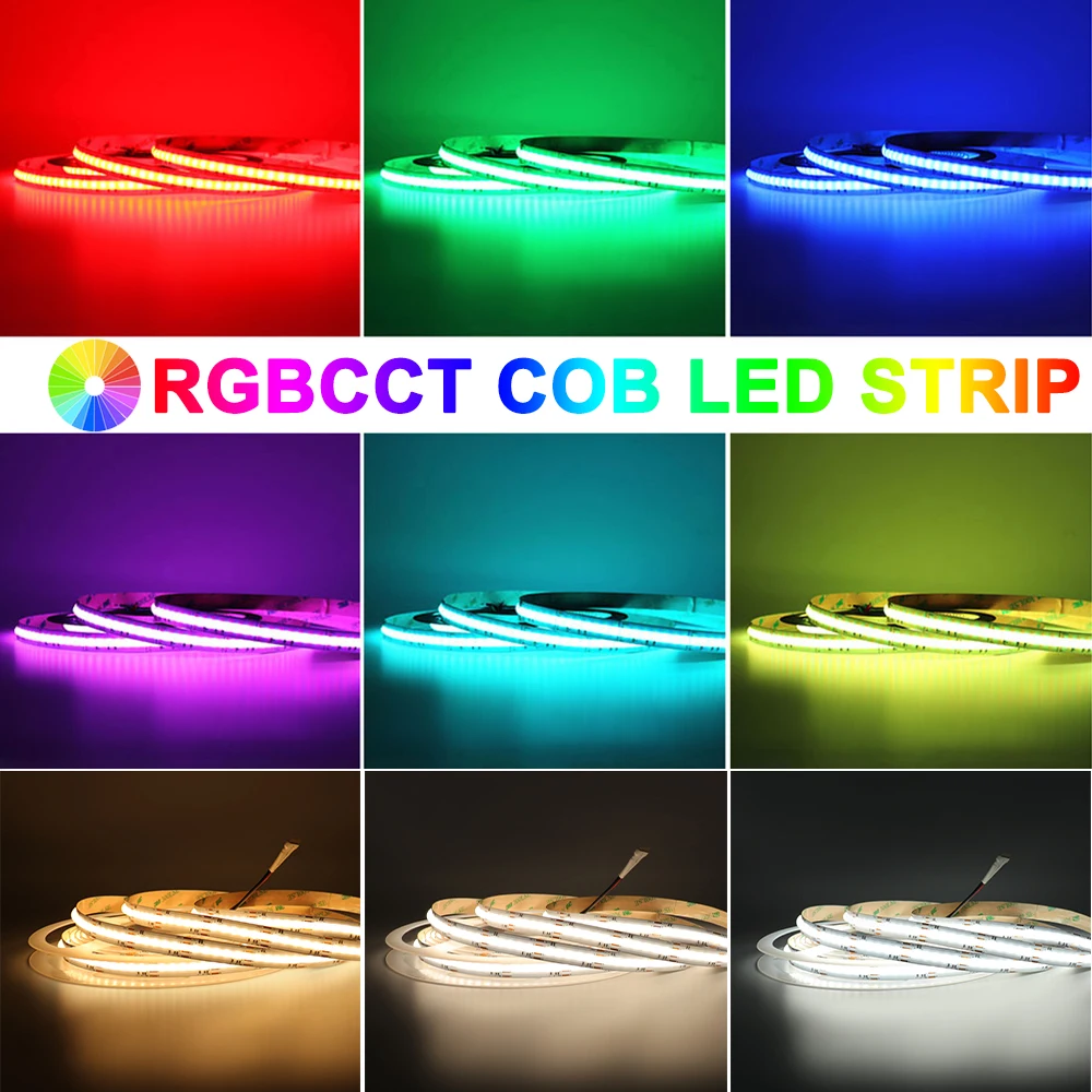 

12V/24V RGBCCT COB LED Strips Warm/Natural/Cool white Dimmable High Density Flexible Decor Lighting led strips lights for room