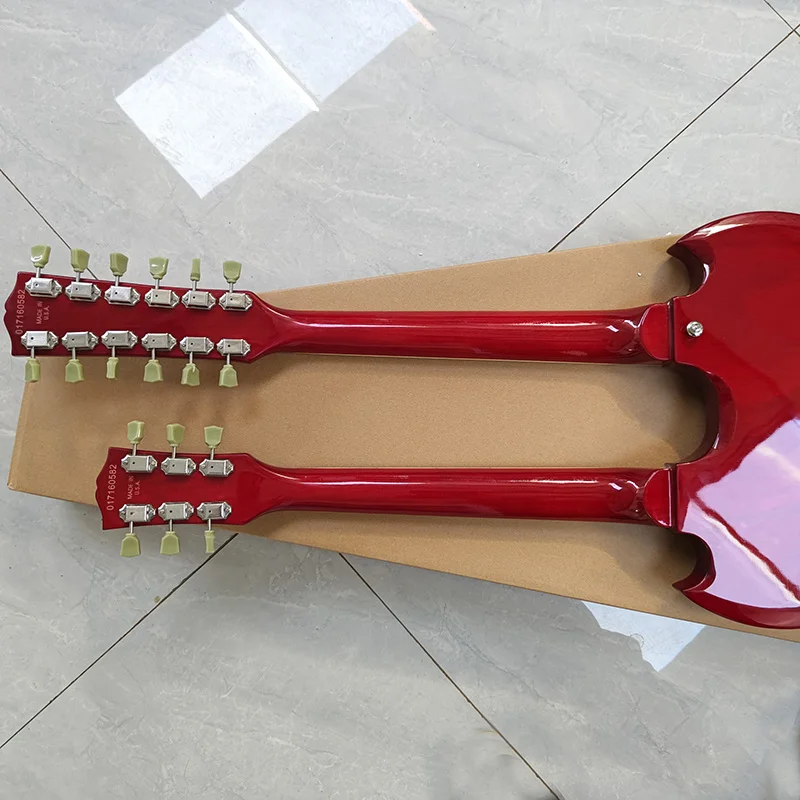 Красная двуглавая электрогитара корпус из цельного красного дерева гриф