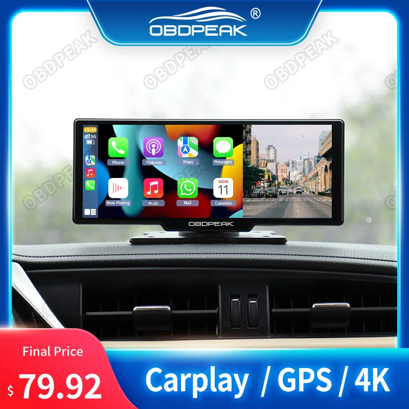 OBDPEAK K2 видеорегистратор 4K WIFI беспроводной Carplay и Android авто с двойным объективом Aux