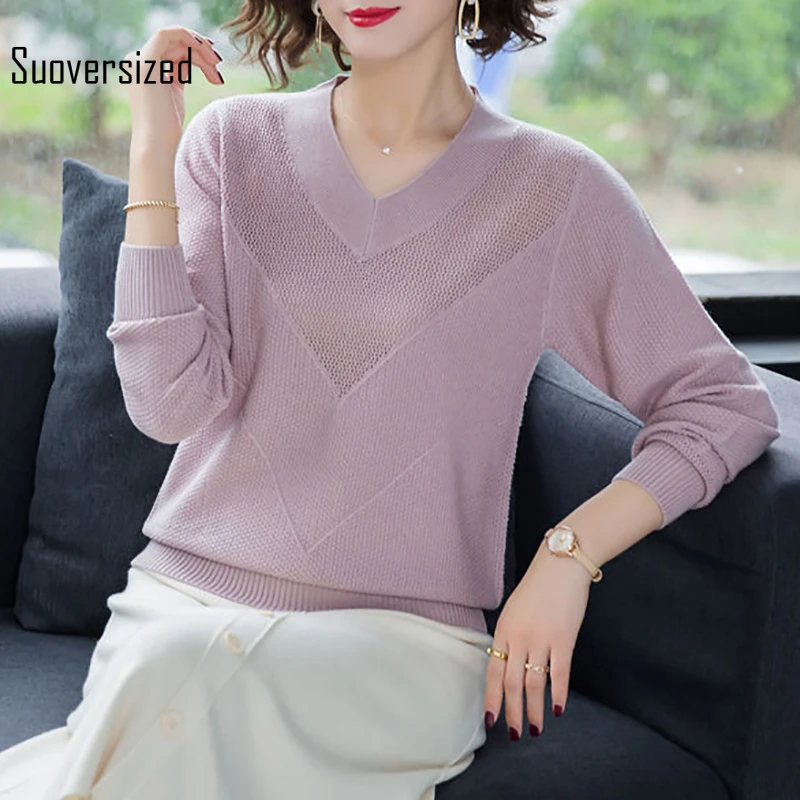

Casual Loose Plus Size 5XL Thin Sweater Women Elegant Solid Color V-neck Knitting Pullover Korean Short Knitted Tops Office Lady