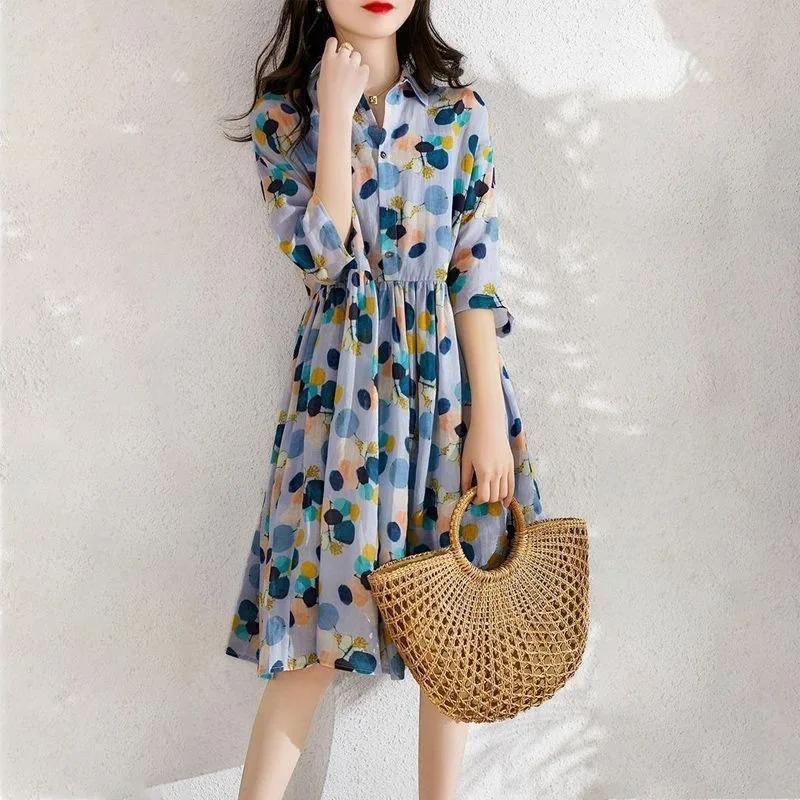 

Summer Women's Dress Fashion Wave Point Chiffon Floral Dress Plus Size Women Clothing Korean Basic Cute Shirt Beach Dresses