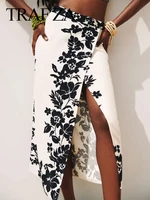 traf za retro fashion asymmetric high slit womens long skirt black white botanical floral print flat one piece ladies skirt