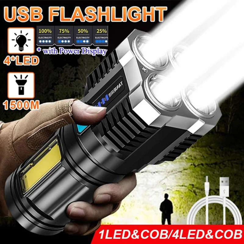 

4-ядерный фонарик, многофункциональный портативный USB Перезаряжаемый фонарик, COB фонари, уличное высокомощное аварийное освещение для кемпи...
