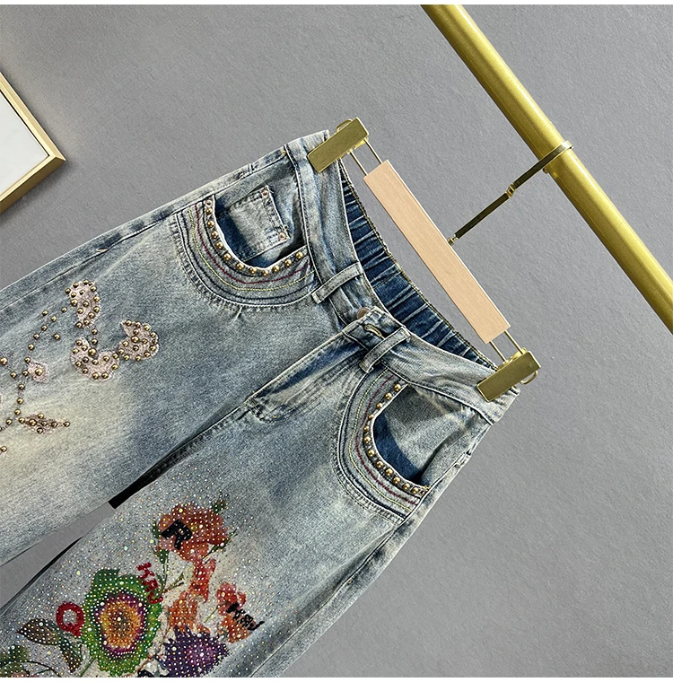 Women's Clothing Heavy Industry Diamond Embroidered Jeans 2023 Spring New Loose Slimming Printed High Waisted Jeans Female