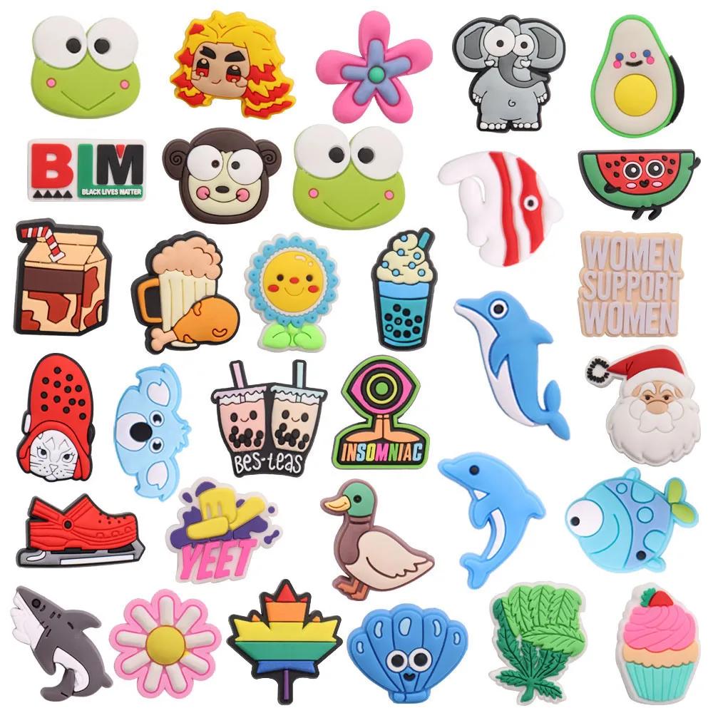 1-32Pcs PVC Shoe Charms Dolphin Shark Duck Frog Monkey Koala Buckle Clog Decorations Fit Wristbands Croc Jibz Kids Party Gift - купить по