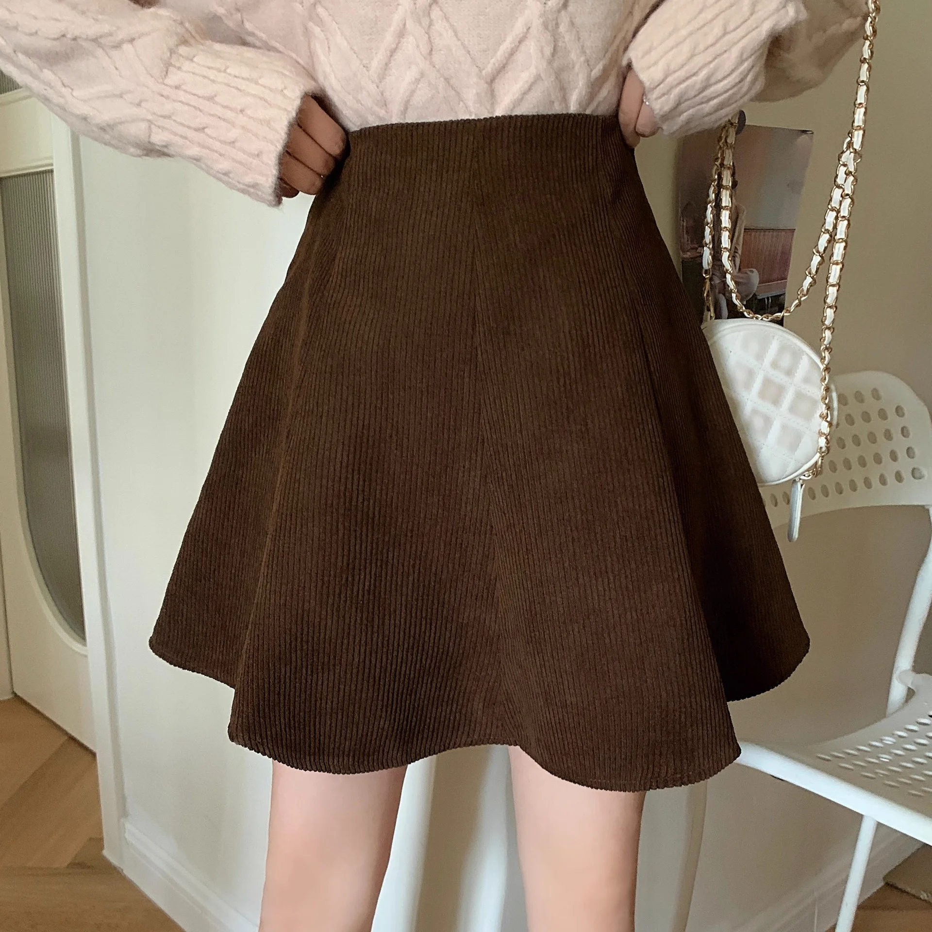 Женская вельветовая бархатная юбка трапециевидной формы с высокой талией